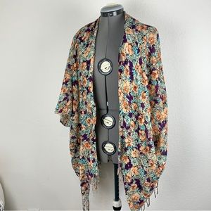 BCBG Floral Ruana Kimono Top with Fringe Edge
